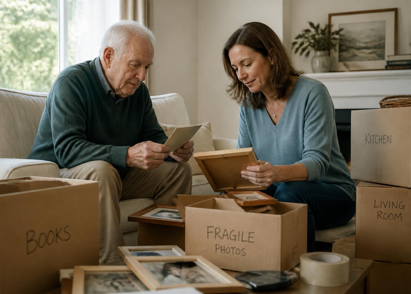 An older man and his adult daughter sorting photographs while packing